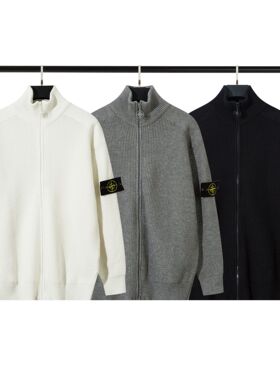 跨境STONE 石头开衫毛衣男春秋季情侣款纯色针织衫长袖拉链外套岛