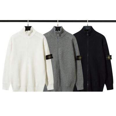 跨境STONE 石头开衫毛衣男春秋季情侣款纯色针织衫长袖拉链外套岛