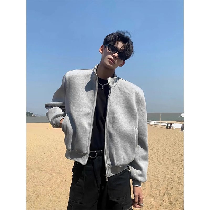 美式cleanfit垫肩夹克男春秋新款高级设计感廓形短款立领飞行外套,男装,夹克,淘宝优惠券,粉丝福利购,淘宝优惠卷