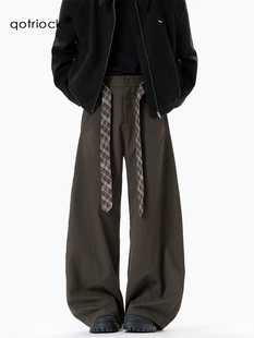 美式复古cleanfit格纹腰带弯刀西裤男女潮休闲高级感长裤