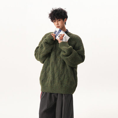 复古氛围感圆领毛衣男秋冬季宽松慵懒感麻花厚实情侣针织外套上衣