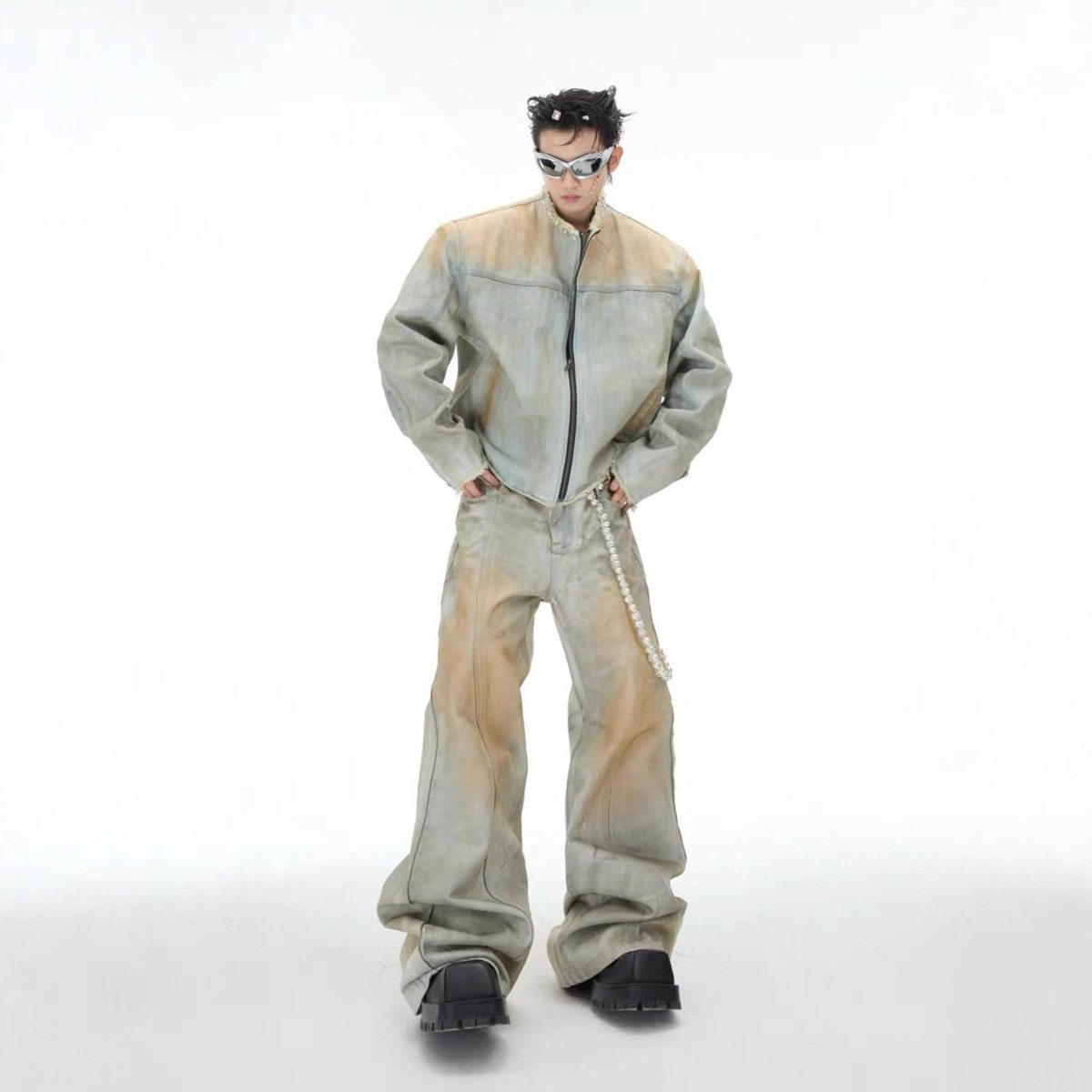 美式复古废土风设计感小众做旧宽松牛仔夹克外套裤子套装男春秋季,男装,休闲运动套装,淘宝优惠券,粉丝福利购,淘宝优惠卷