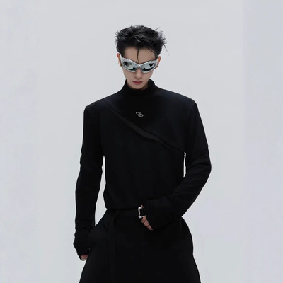 25S十三行高品质小众高领解构打底衫高弹力金属logo修身长袖T恤