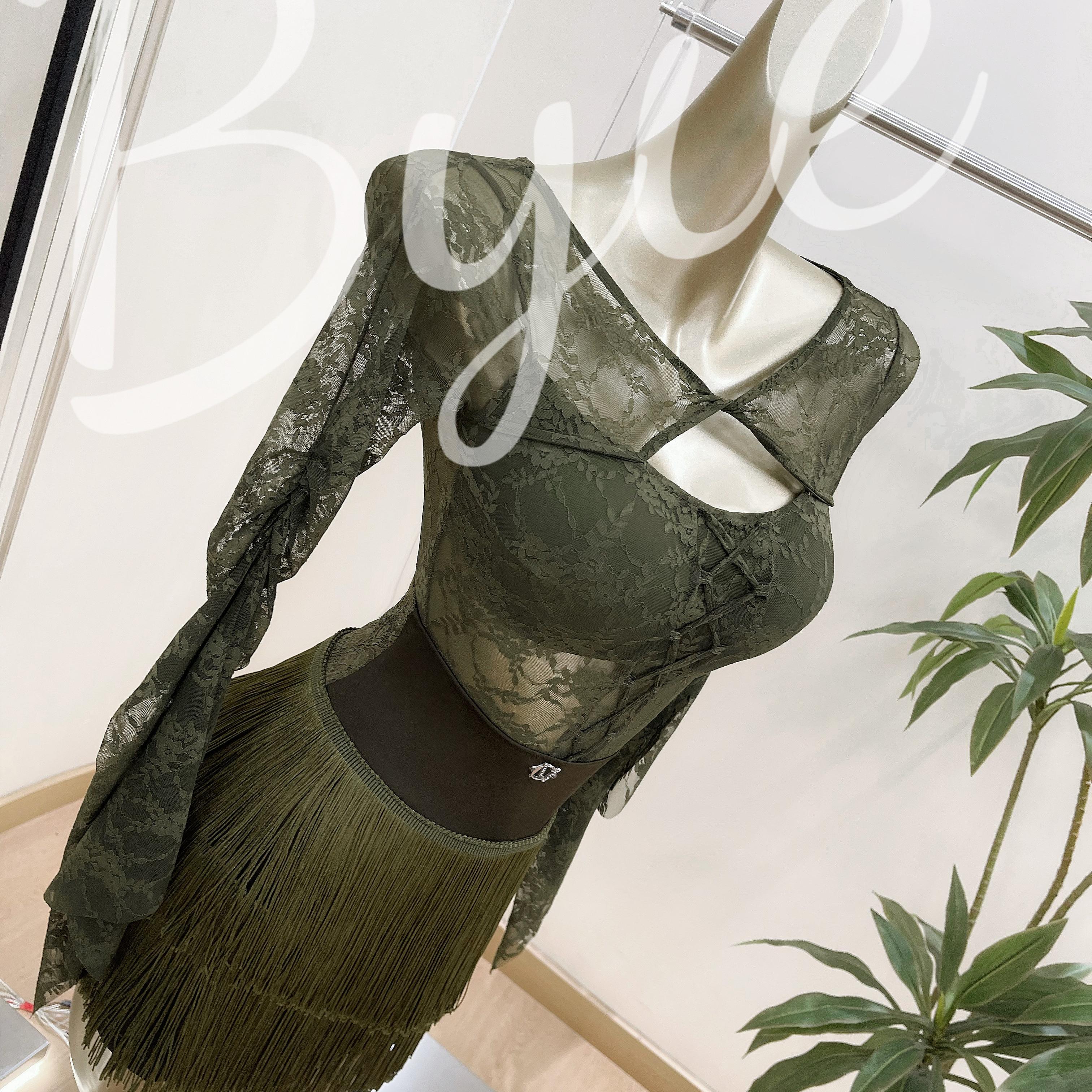 春夏季新款美辰舞服摩登舞服女成人拉丁舞性感连体服练功蕾丝长袖