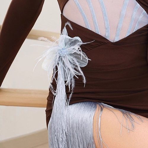 美辰舞服可可露丽流苏连衣裙选配鸵鸟毛蓝花配饰