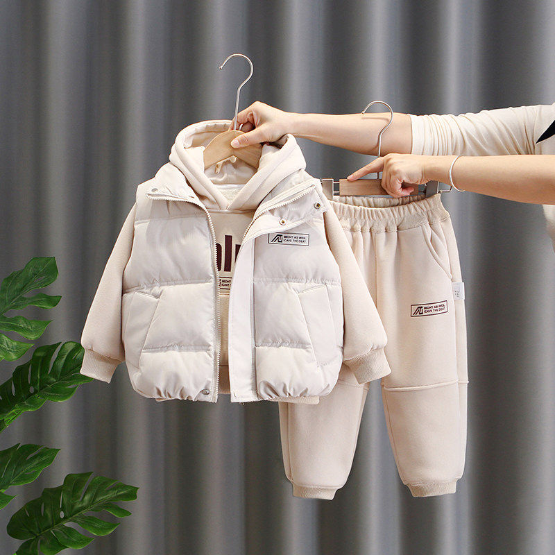 全棉纯棉儿童冬装加绒加厚保暖连帽衫卫衣马甲三件套冬天男女童时