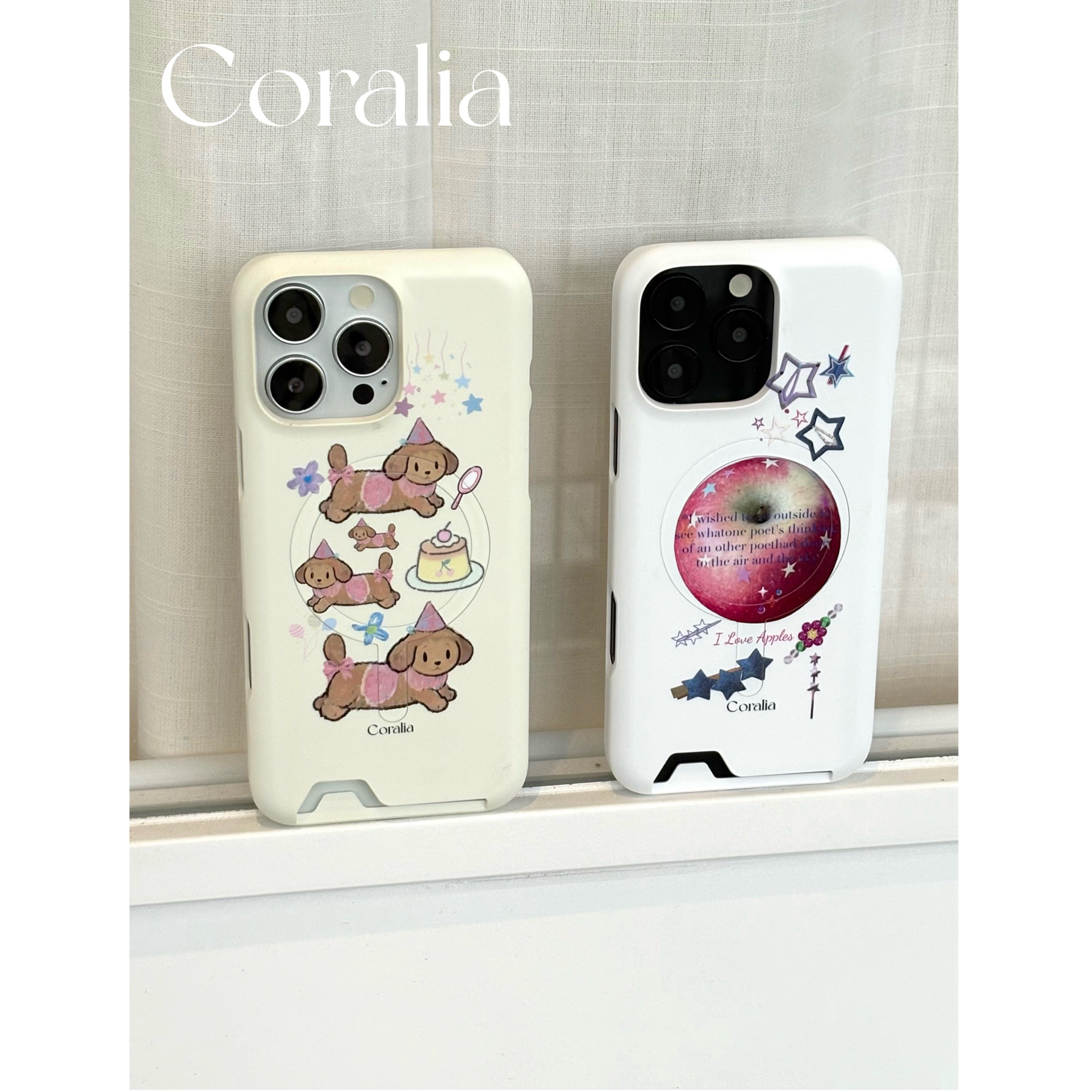 Coralia 原创设计* I Love Apples * 我爱苹果创意五角星发夹闪钻韩国进口菲林磁吸插卡手机壳iphone