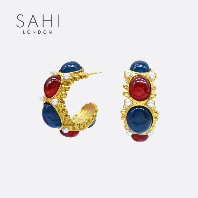 SAHI拜占庭彩色宝石圆形耳环原创设计手工中古耳饰小众轻奢精致女