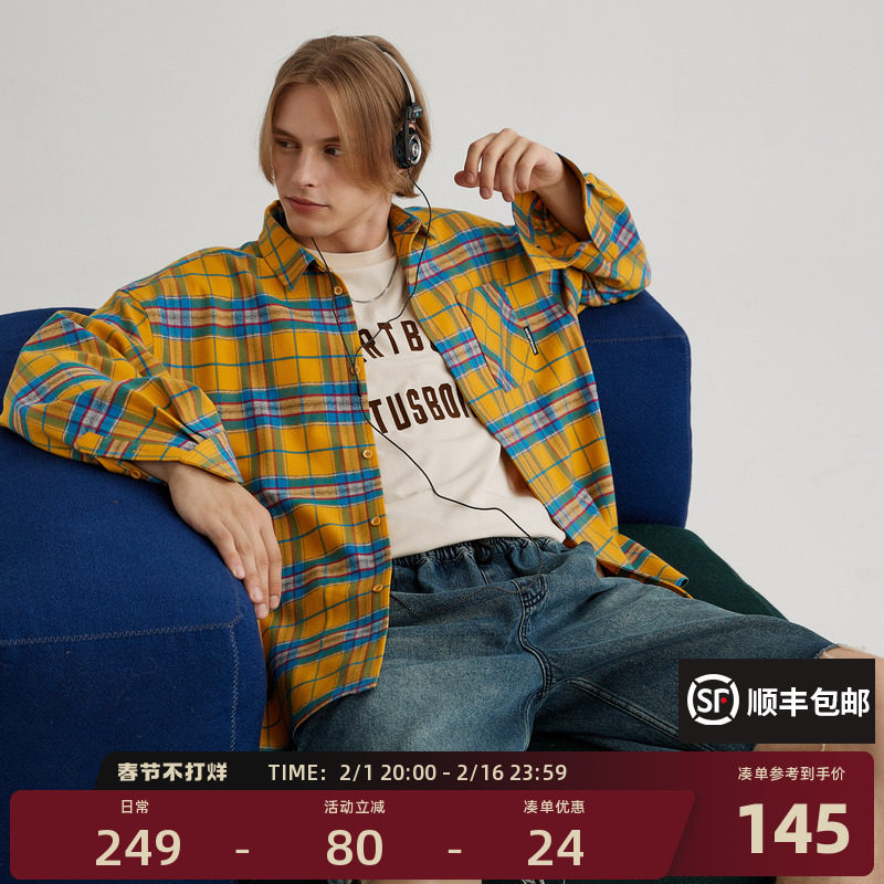 HeartBoon 黄色格子长袖衬衫男设计感美式复古宽松情侣潮牌外套女