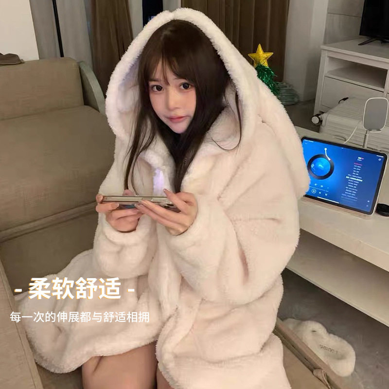 兔耳朵连帽珊瑚绒睡衣女2024冬季新款加厚保暖睡裙居家服睡袍