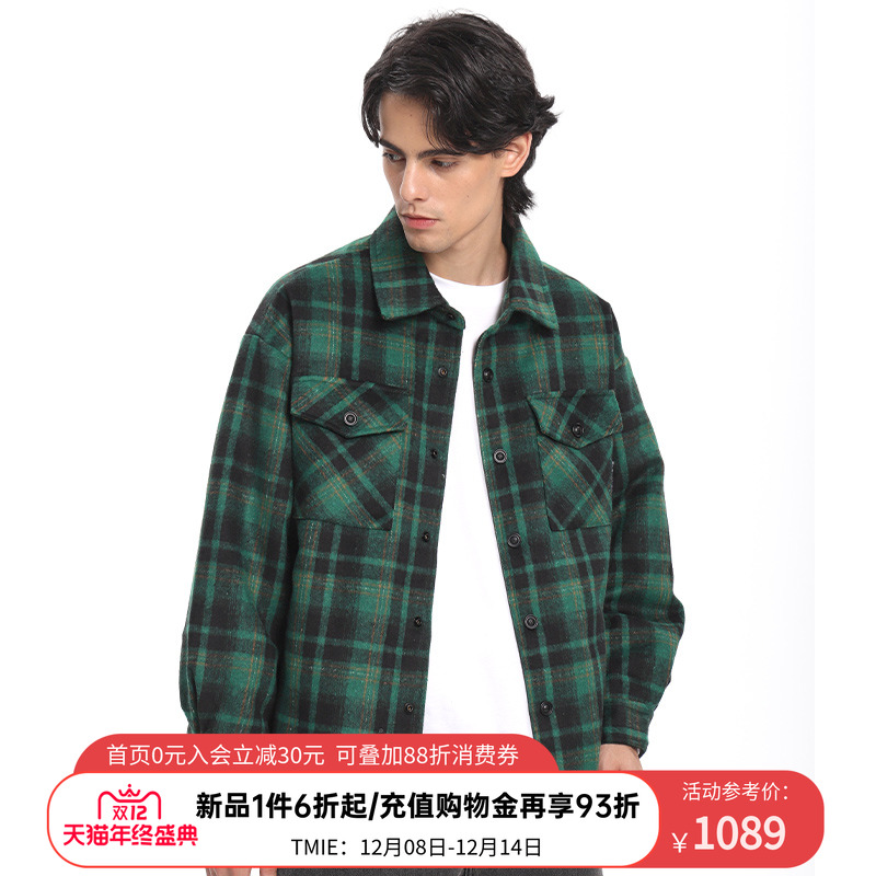 ACUPUNCTURE爱克佩特绿格子翻领短羽绒服复古格纹工装风保暖外套