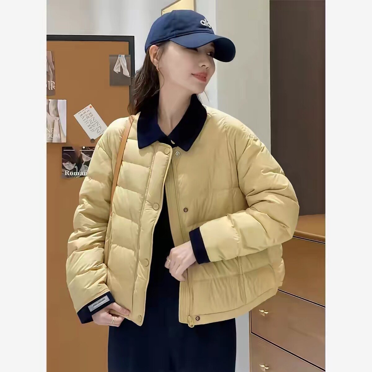 新款撞色翻领保暖短款棉服女秋冬季感新款显瘦宽松洋气外套潮