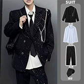 宽松痞帅休闲烫金高级感潮流西服套装 黑色满天星西装 外套男春秋季