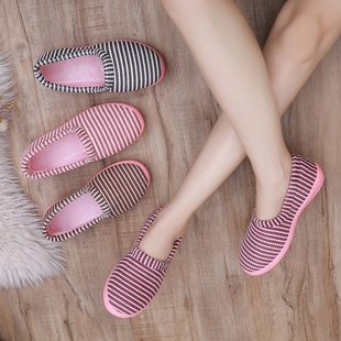 包根棉拖鞋女士冬季室内家居软底防滑保暖可爱条纹毛绒棉鞋女款