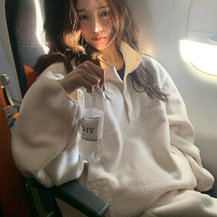 现货2024冬季新韩国东大门八奶宽松立领套头摇粒绒卫衣卫裤套装女