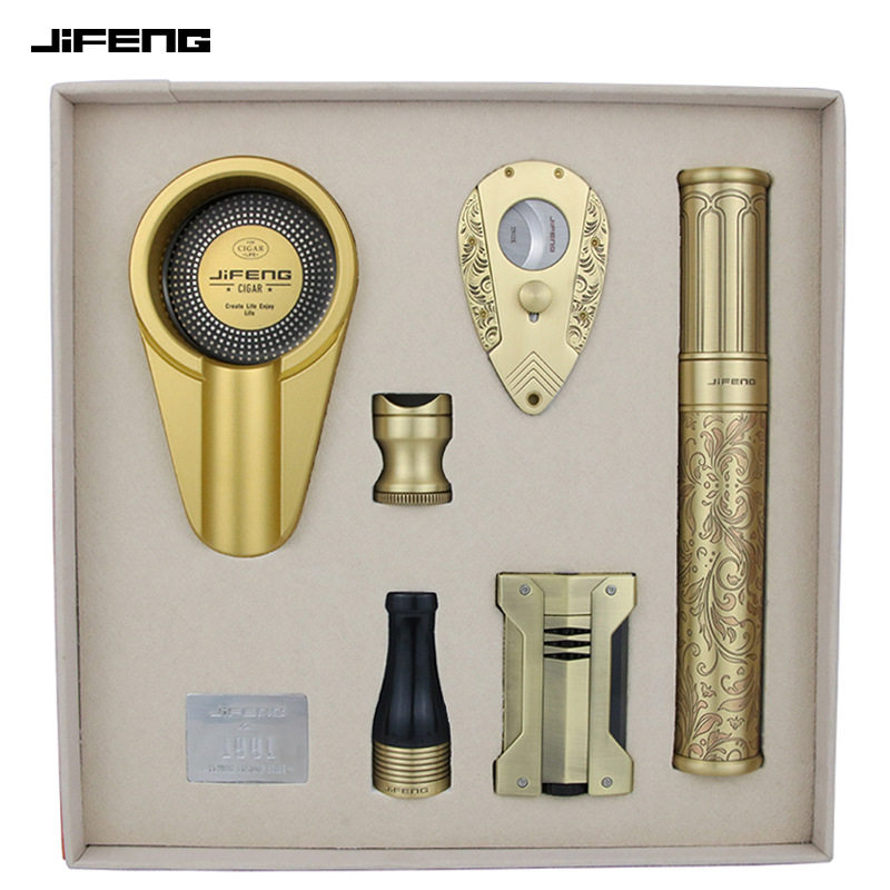 雪茄烟具季风JIFENG打火机套装纯黄铜雪茄剪刀烟灰缸雪茄管六件套