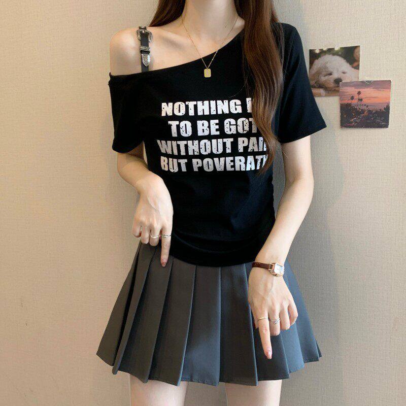 大尺码女装字母印花设计感露肩短袖T恤女夏季胖MM遮肉显瘦别致上