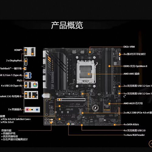 华硕TUF GAMING A620M-PLUS WIFI主板支持CPUAMD7000系处理器D5