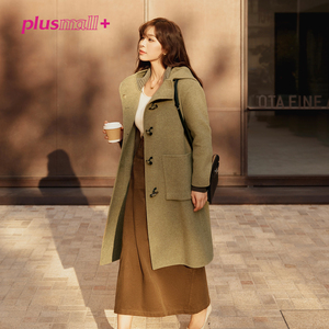 PLUSMALL 美院女孩 蚕丝羊毛双面呢针织拼接学院风连帽牛角扣大衣
