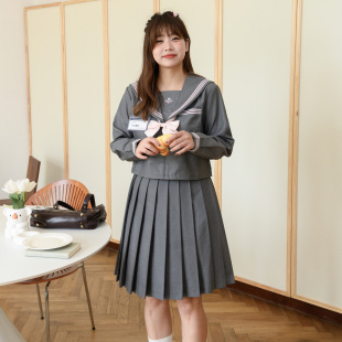 海军领上衣灰粉水手服短裙套装 jk原创胖mm灰色短长袖 大码 阿车家