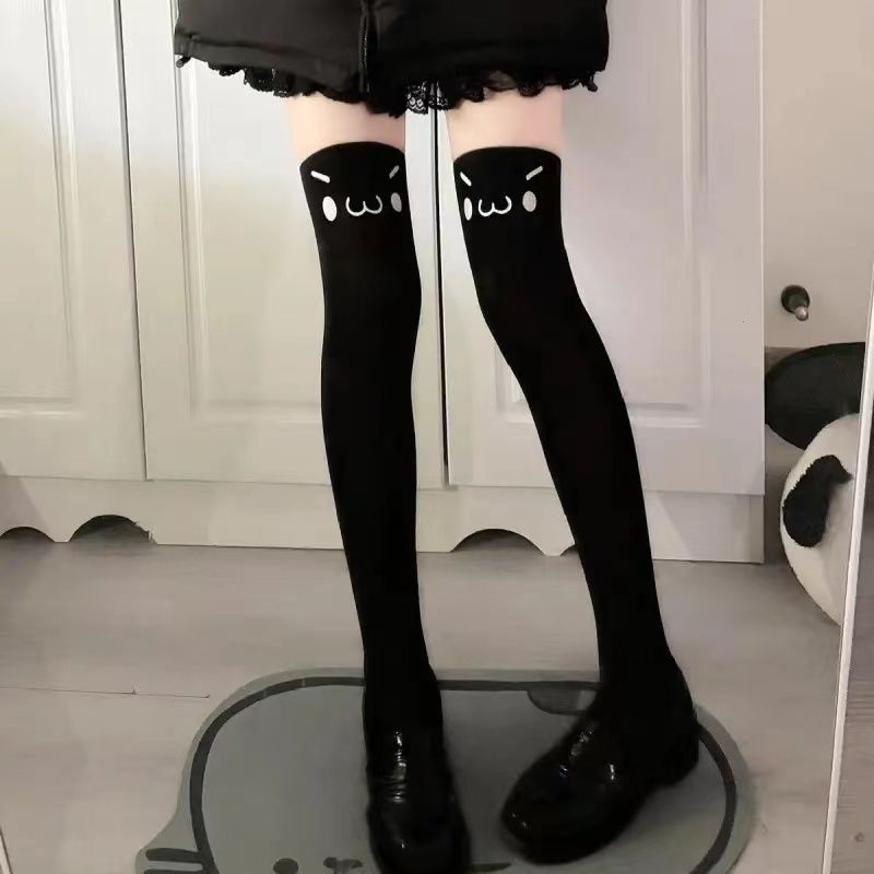 可爱印花袜子女长筒过膝袜jk大腿袜子日系学生黑色丝袜春秋薄款