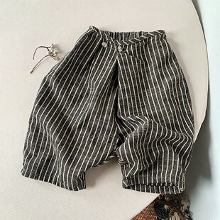 竖条纹棉麻裤子男女童日韩风格宝宝外穿宽松阔腿裤小童潮版哈伦裤