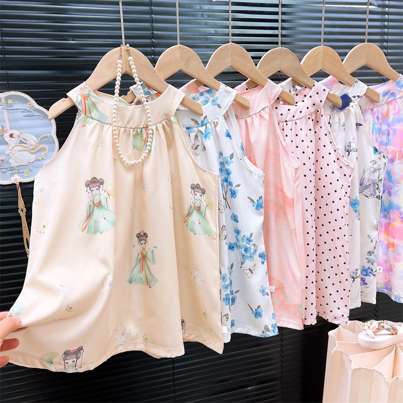 女童夏季挂脖连衣裙儿童韩版公主裙无袖背心裙人棉碎花小女孩裙子