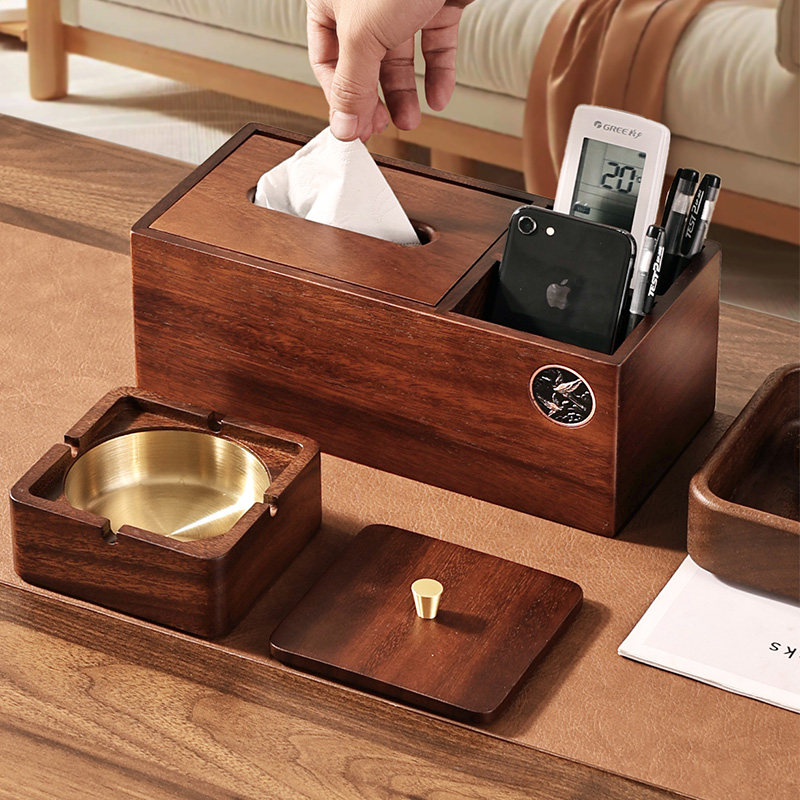 胡桃木纸巾盒家用客厅高档卫生纸盒烟灰缸多功能放遥控器收纳盒实