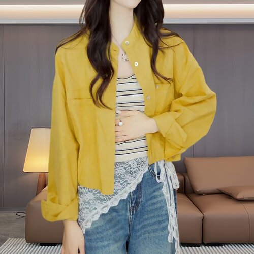 韩系休闲风立领短款衬衫外套女士