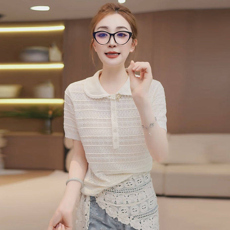 时尚减龄娃娃领镂空钩花短袖针织衫女夏季洋气百搭显瘦纯色上衣潮