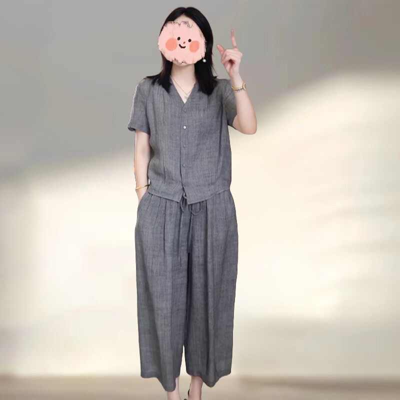 胖MM轻熟风时尚洋气遮肉套装女高级感灰色宽松上衣阔腿裤两件套潮