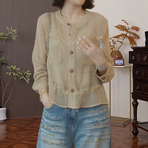 韩版休闲百搭网纱衬衫女夏季胖MM