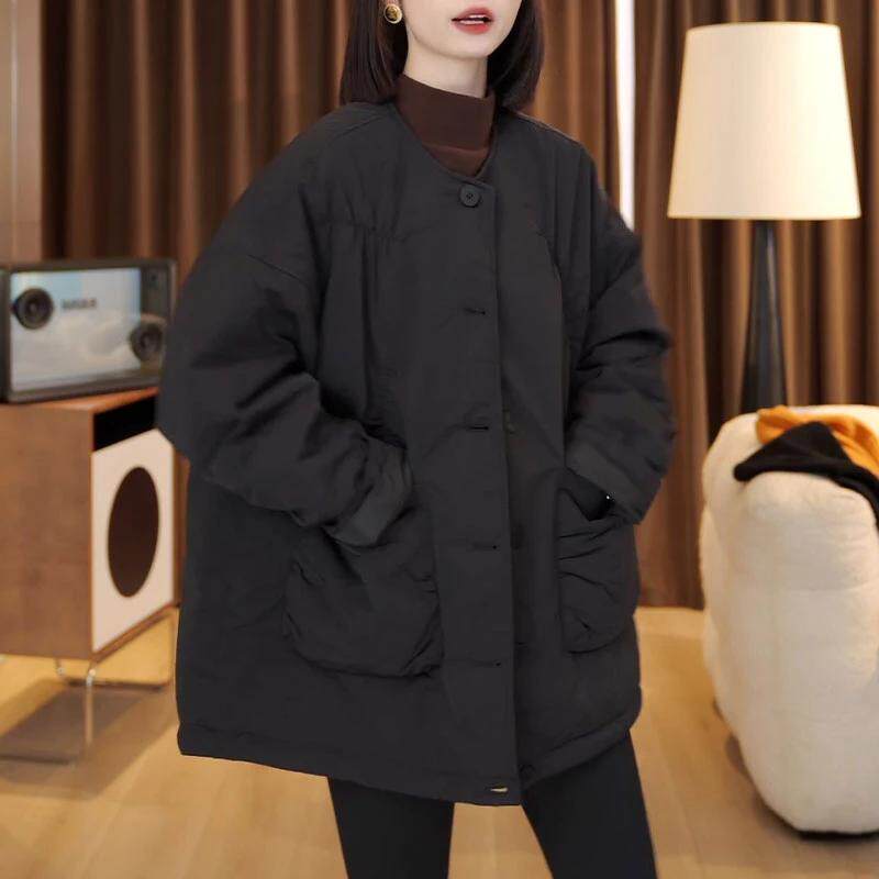 简约口袋褶皱棉服外套女宽松显瘦高级感时尚小个子休闲中长款棉衣