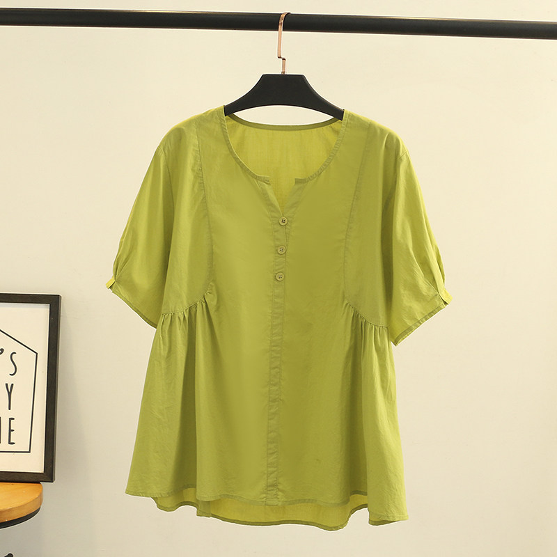 韩版时尚压褶套头短袖衬衫女夏季新款休闲通勤上衣宽松纯色娃娃衫