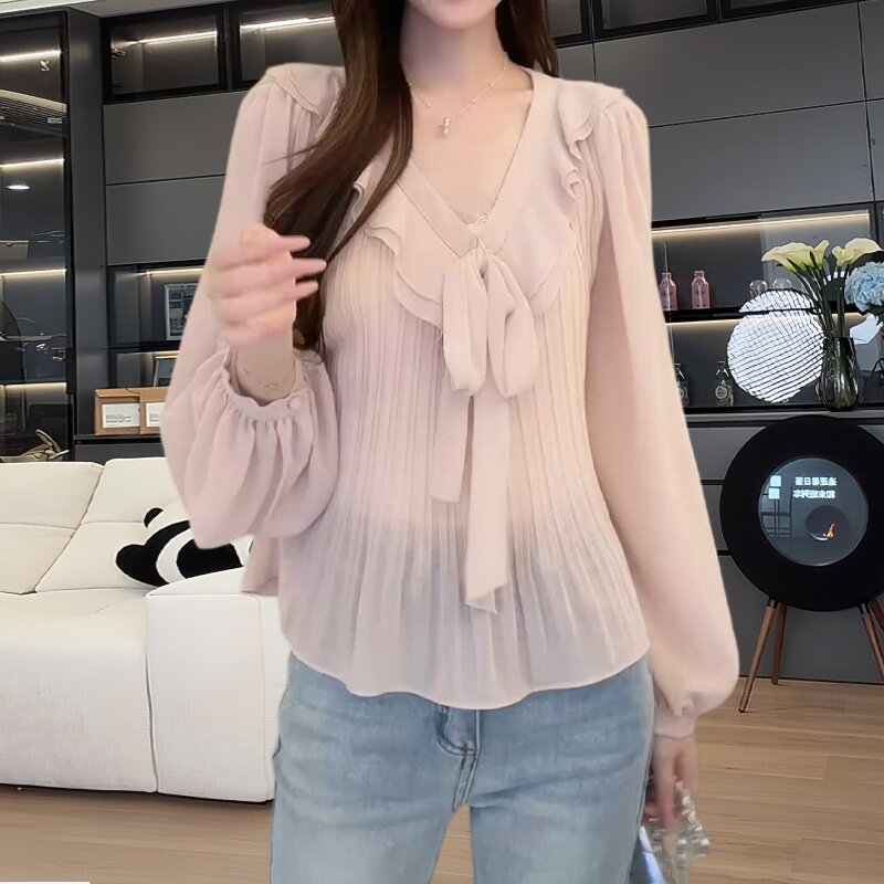 大码时尚减龄系带V领衬衫女春秋季胖MM宽松收腰遮肉显瘦衬衣上衣