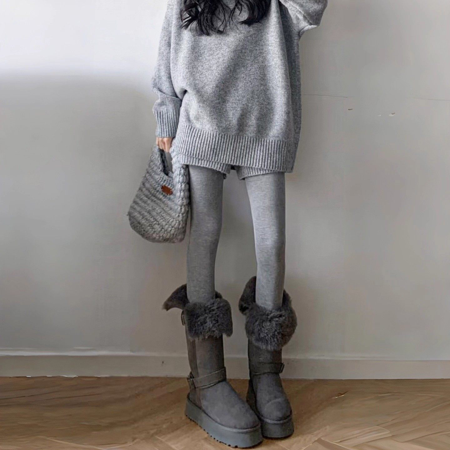 浅灰色加绒打底裤女外穿秋冬加厚配裙子高腰紧身显瘦踩脚连裤袜