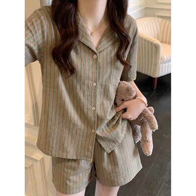 夏季可外穿松弛感条纹睡衣女新款韩版休闲短袖短裤家居服套0430z
