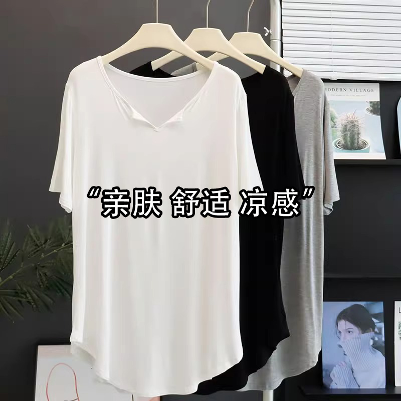 莫代尔短袖T恤睡裙女中长款遮屁股V领圆弧下摆宽松运动罩衫家居服