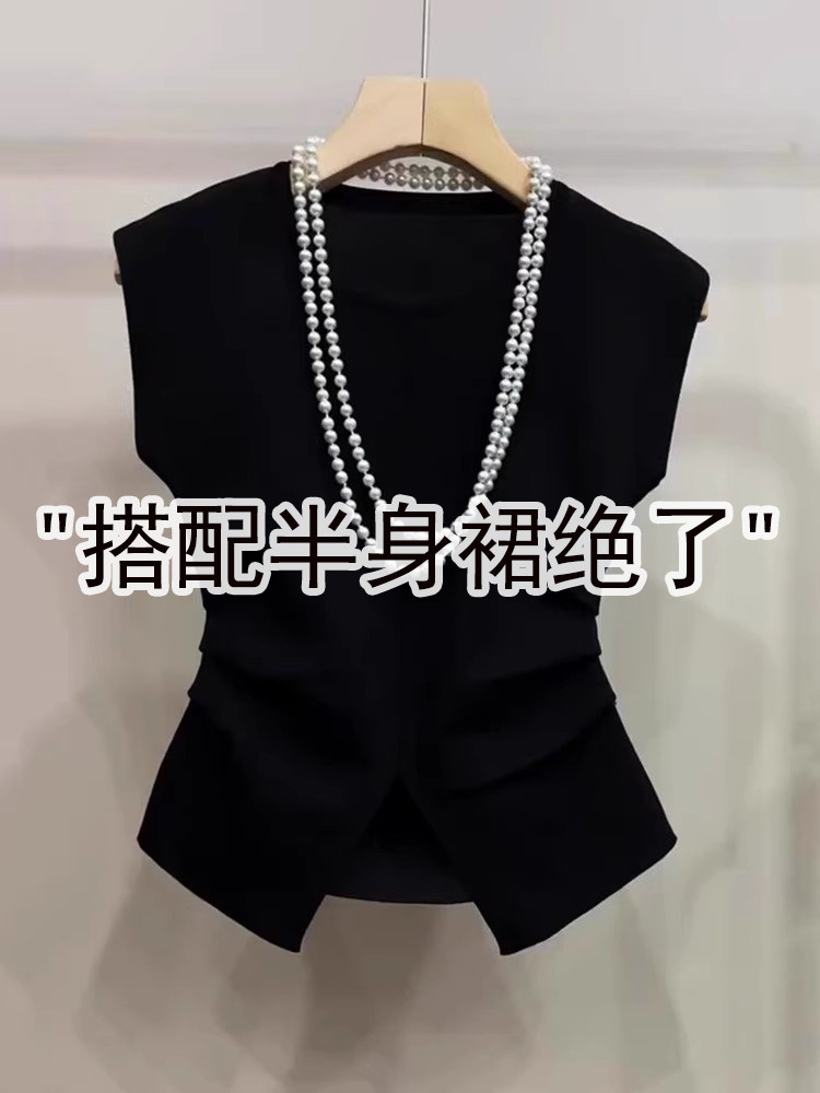 黑色短袖冰丝针织衫女夏2025新款高级感配半身裙收腰减龄无袖上衣图片