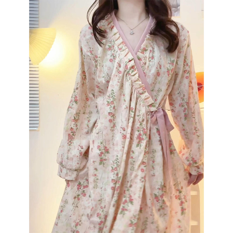 法式绝美碎花长袖睡裙女款春秋2025超火独特睡衣浴袍居家服可外穿