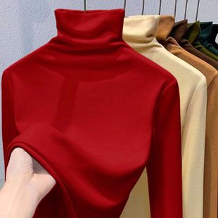 女新款 德绒高领打底衫 秋冬红色加绒加厚保暖本命年内搭堆堆领上衣