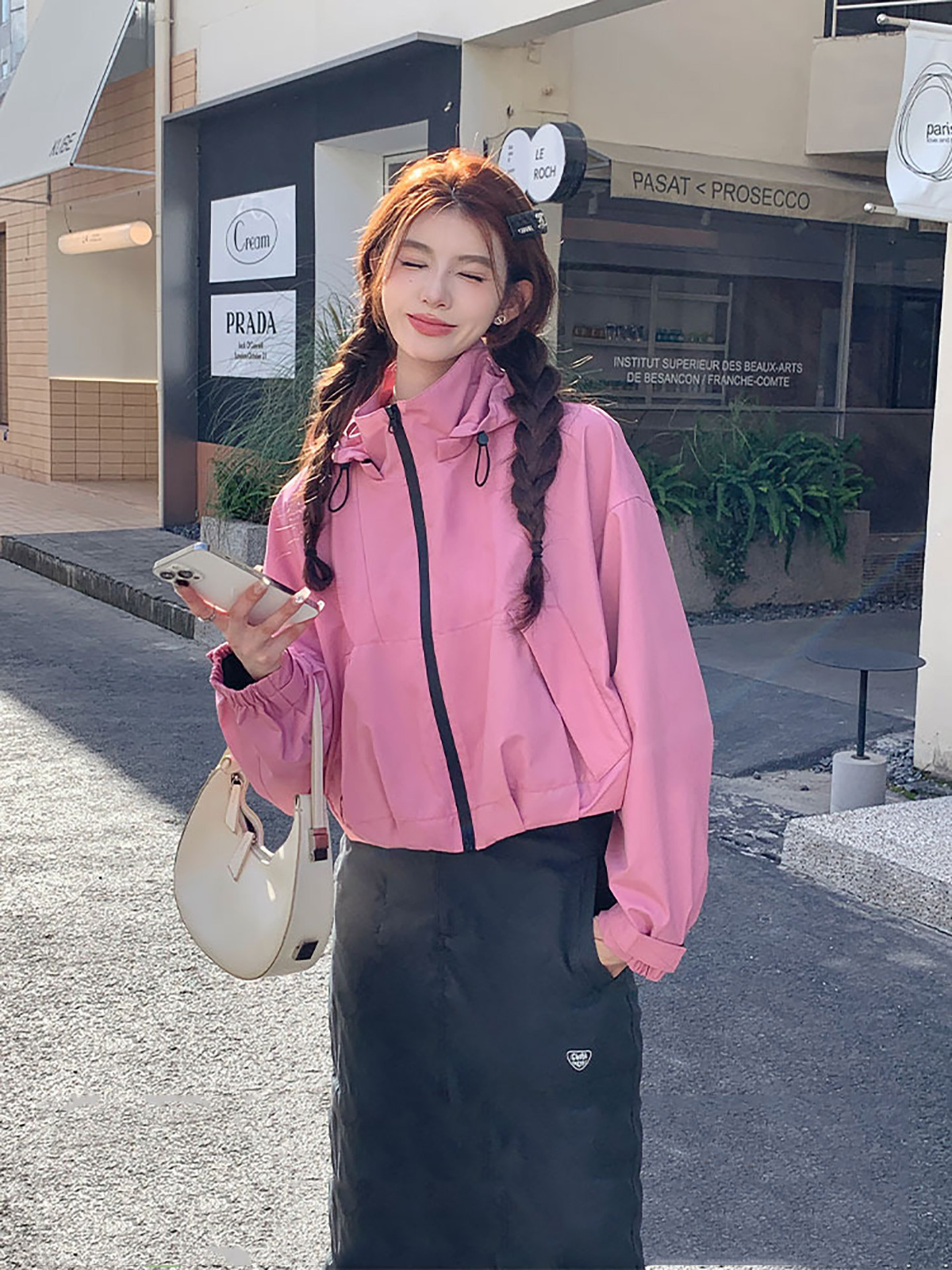 美式覆古粉色短款冲锋衣外套女款秋2025新款小个子设计感连帽上衣