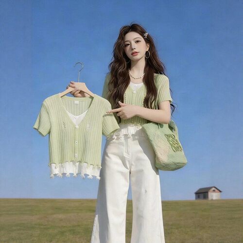 夏季浅穿搭假两件短袖T恤女针织v领开衫感巨好看上衣0411z2