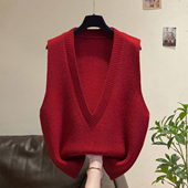 红色V领针织马甲背心女春百搭马夹叠穿高领打底衫 宽松毛衣坎0128e