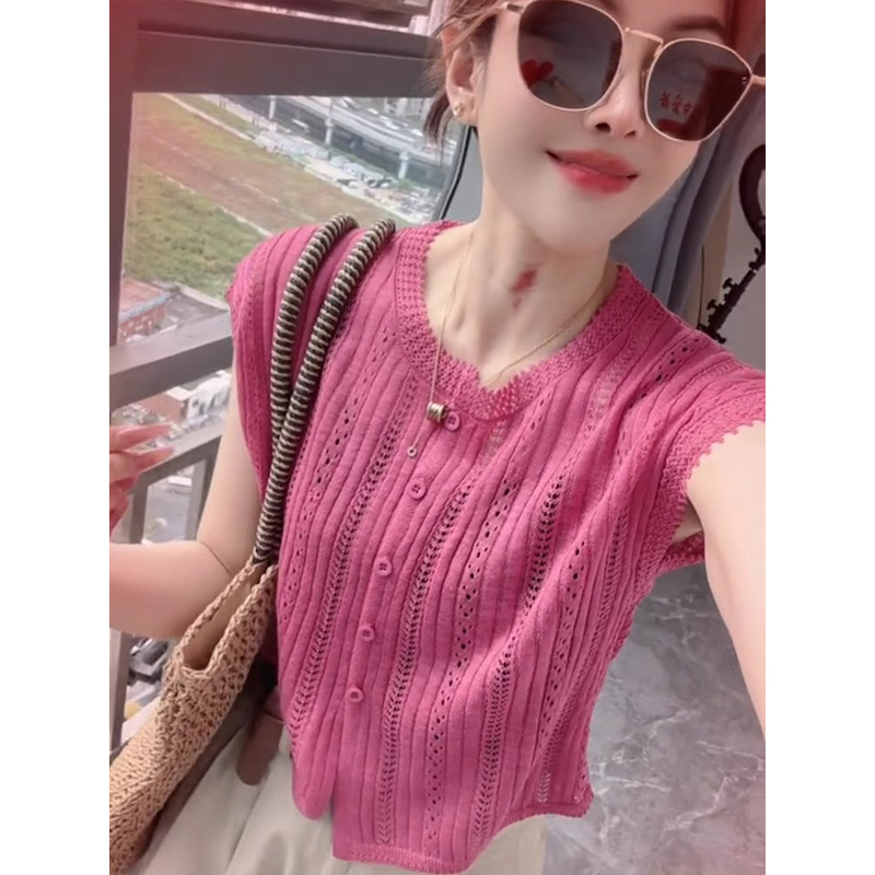 树莓粉冰丝针织小个子短袖T恤女2025新款夏季多巴胺穿搭薄款上衣