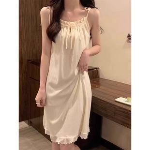 带胸垫吊带睡裙女夏季 性感宫廷风杏色家居服睡衣裙夏天 款 纯棉法式