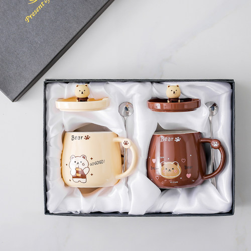 鼎涵情侣对杯陶瓷带盖勺