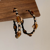 美拉德仿虎眼石圈圈耳环2025新款 高级感轻奢小众独特耳钉秋冬耳饰