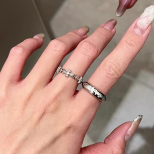 中古银色仿闪钻星月戒指女小众设计感十字架食指戒轻奢高级感指环