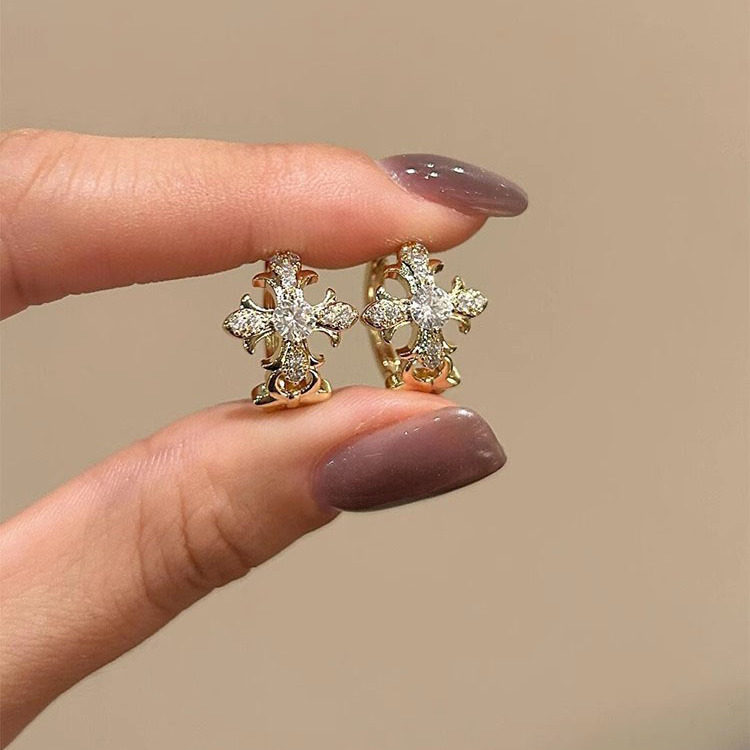 中古仿锆石金色十字架耳扣2025新款爆款高级感轻奢小众气质耳环女,饰品/流行首饰/时尚饰品新,耳环,淘宝优惠券,粉丝福利购,淘宝优惠卷